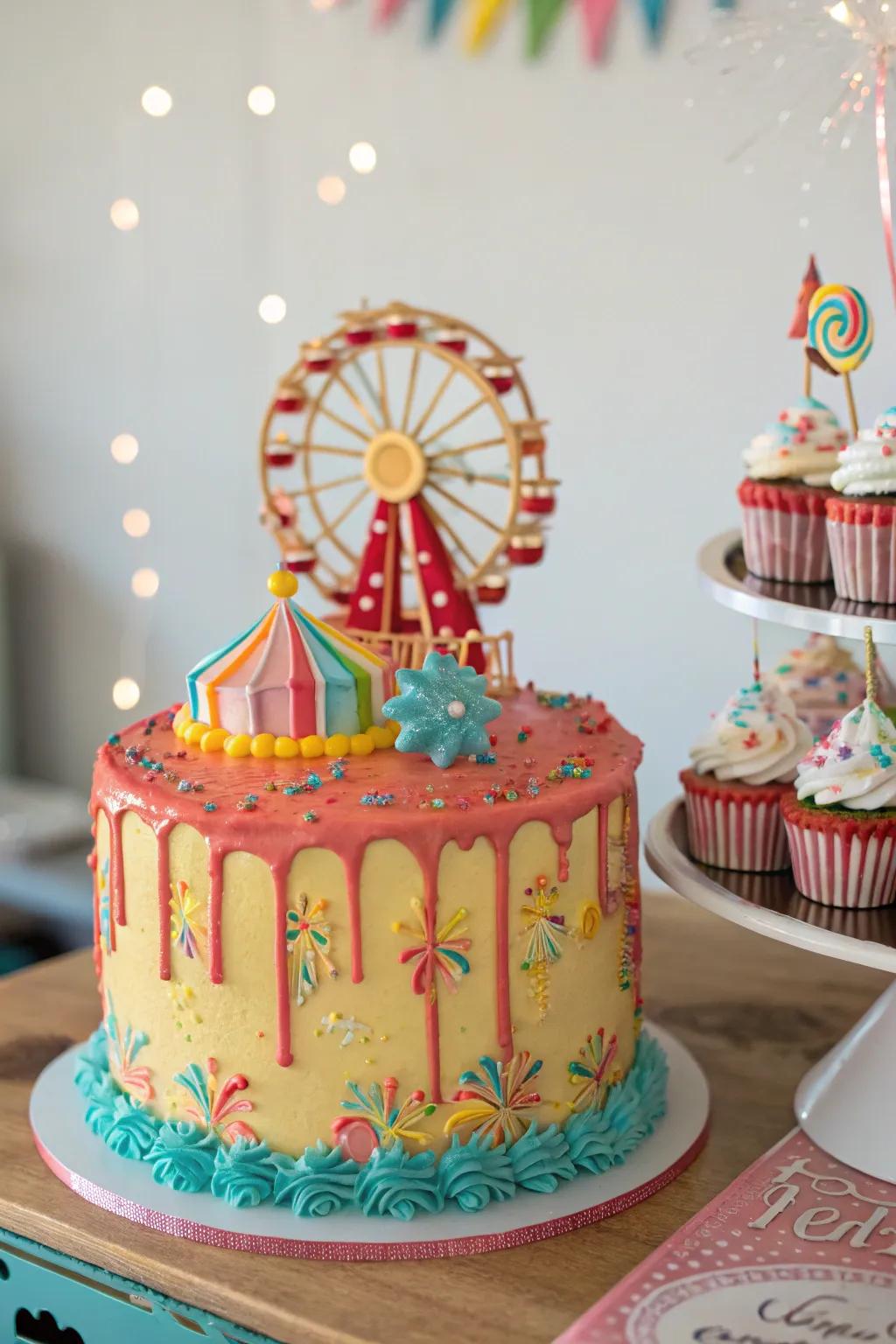 A carnival-themed cake is the ideal festive centerpiece.