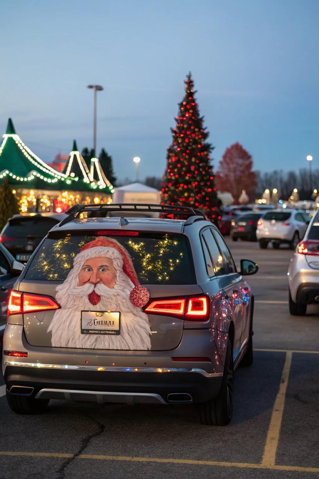 A humorous Santa face on a car, spreading smiles and holiday cheer.