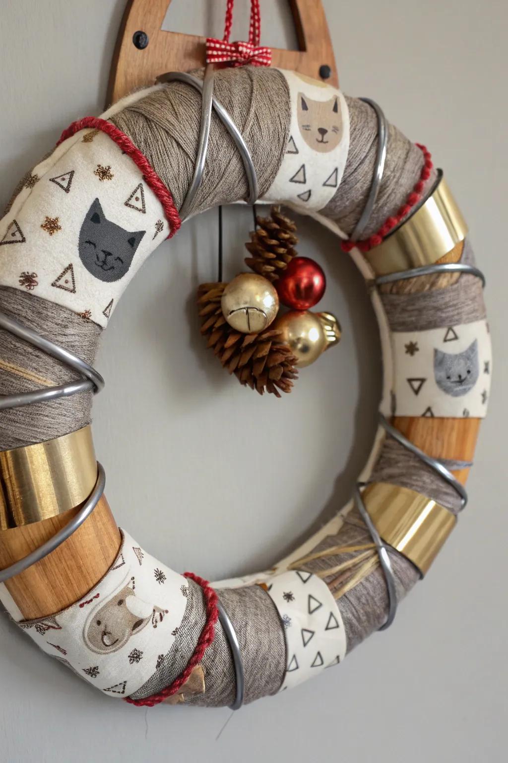 An eclectic mixed material feline decorative loop for creative articulation.