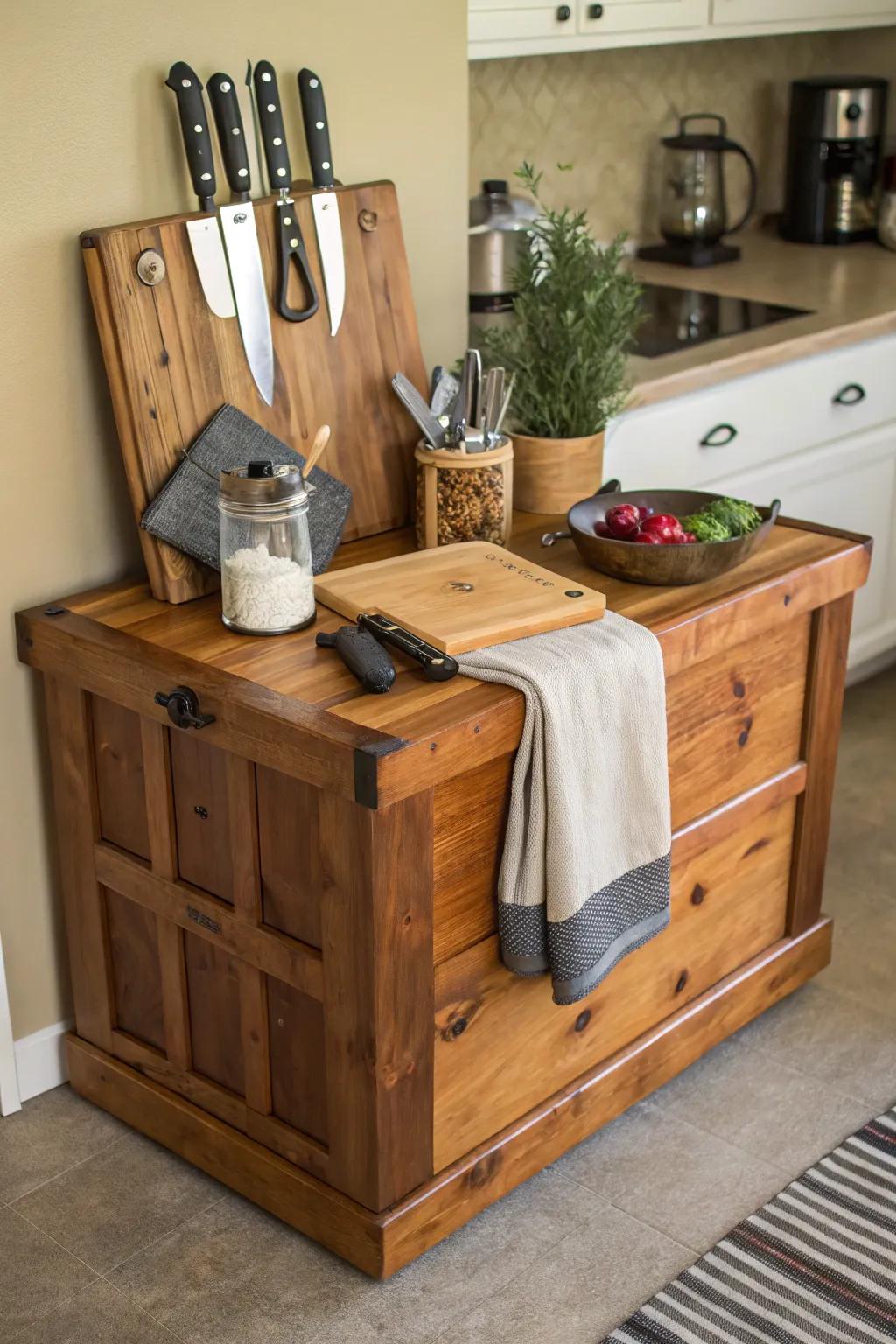 A blanket chest creatively repurposed as a functional kitchen island.