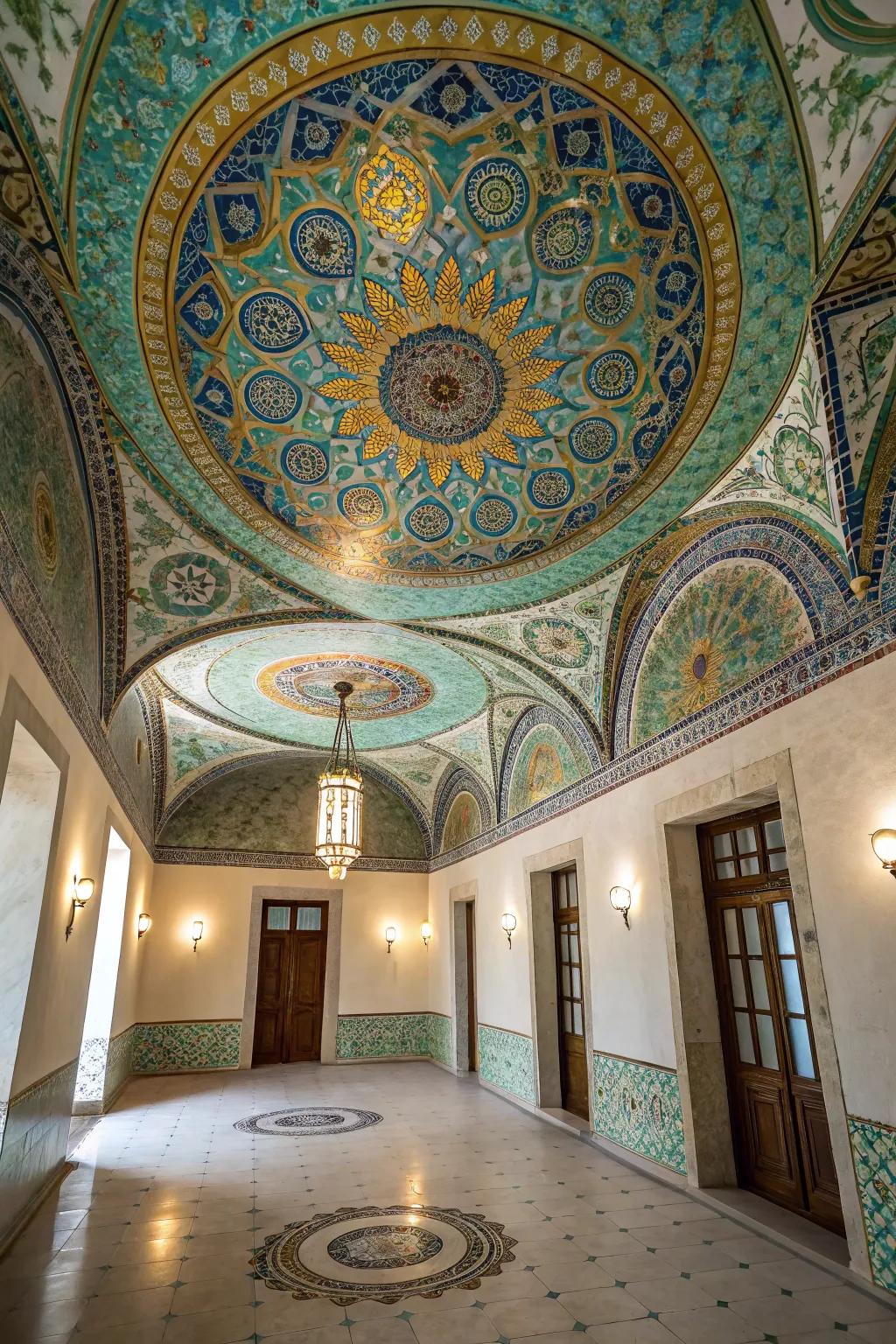 A setting styled with a tiled ceiling that fulfills the role of a captivating masterpiece.