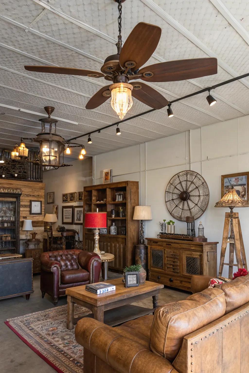 Blend styles with a vintage industrial ceiling fan.