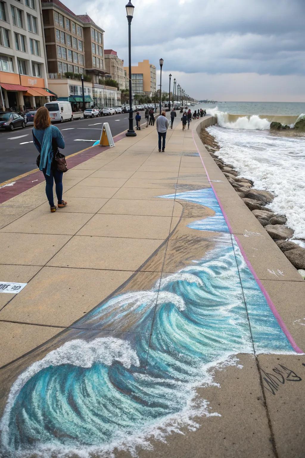 A serene beach landscape featuring rolling waves sketched in chalk.