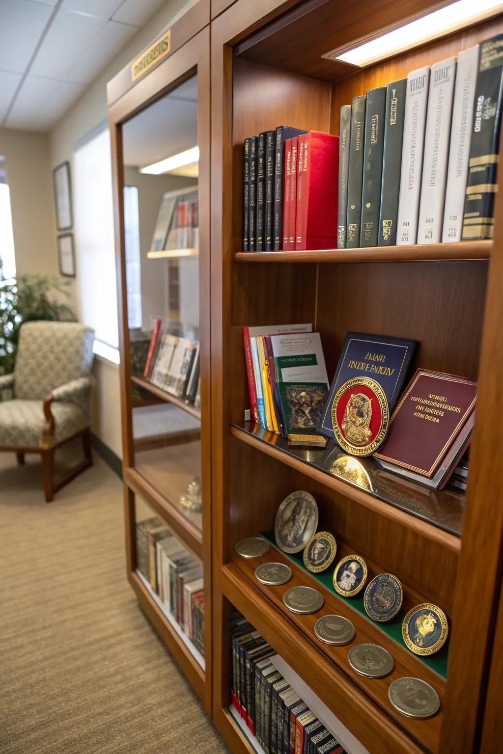Integrating medallions into bookshelves furnishes a harmonious, intellectual showcase.