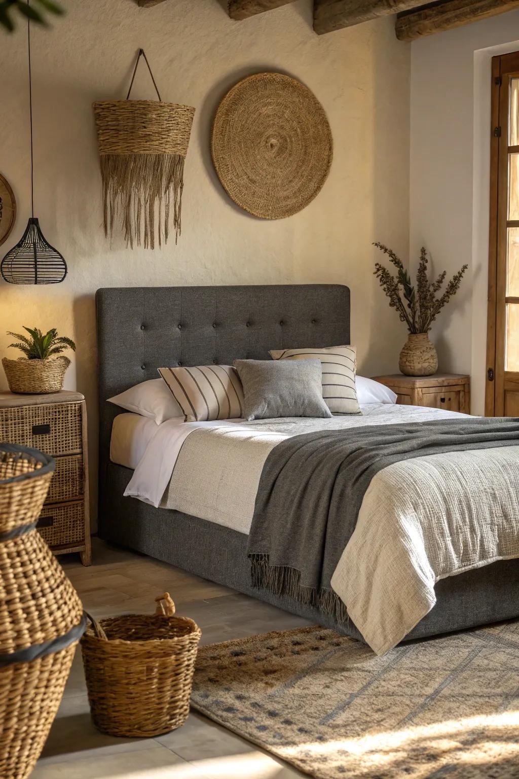 Raw textures harmonize beautifully with a dark slate grey headboard.