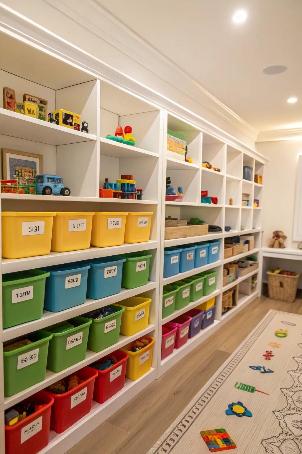Labeled bins streamline arrangement and cleanup.
