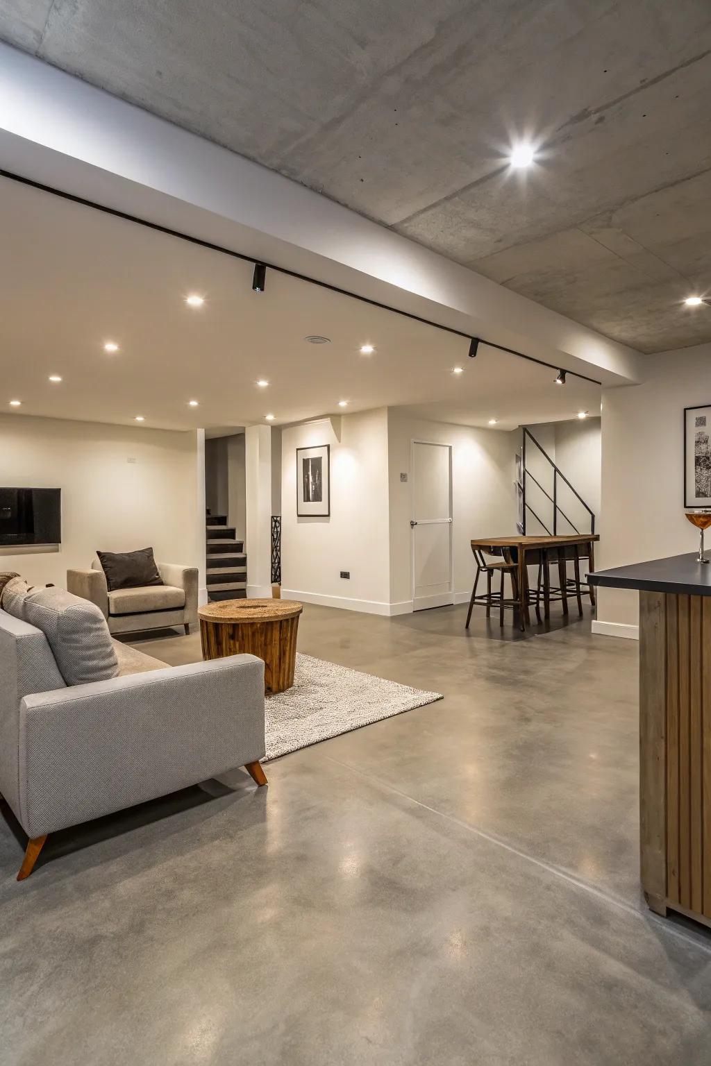 Sealed concrete offers a sleek and minimalist flooring choice for modern basements.