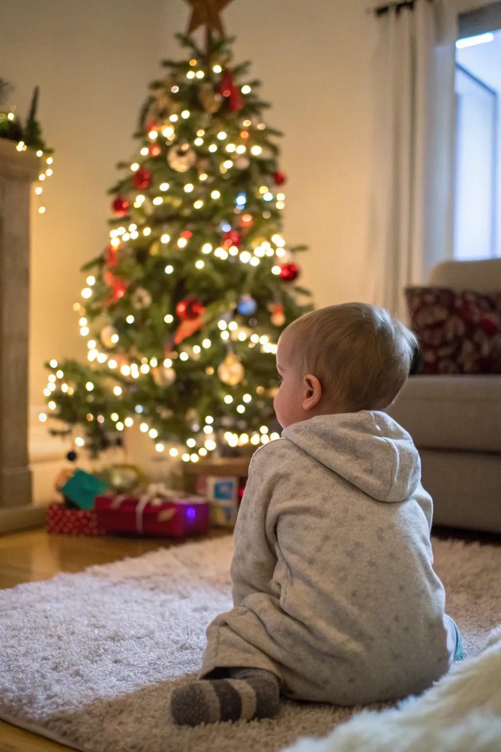 Under the holiday tree lights, a peaceful moment of wonder.
