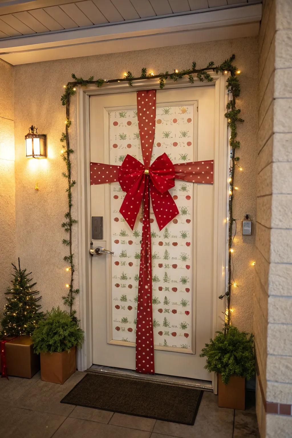 A covered present motif provides this door a traditional Christmas look.