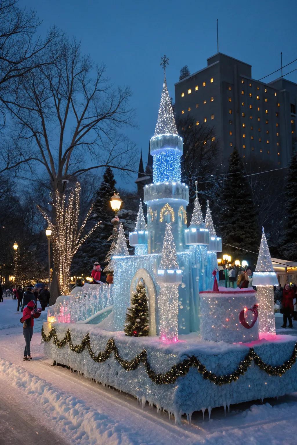 A majestic Fantasy Ice Castle float, directly lifted from a winter fairytale.