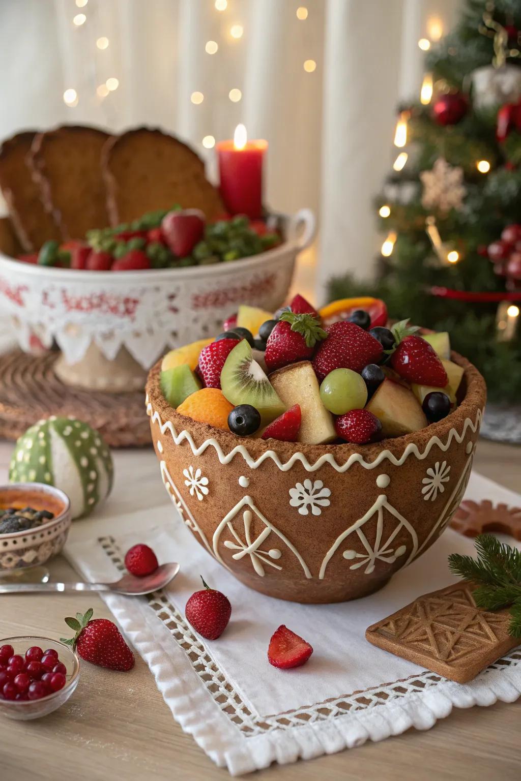 A celebratory gingerbread bowl packed with fresh fruits.