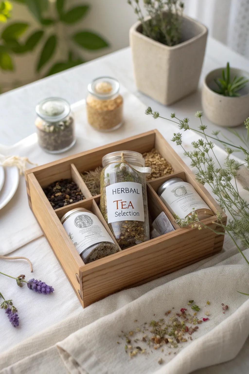 Present the essence of calm with a curated herbal infusion selection, exquisitely presented in a hand-fashioned box.