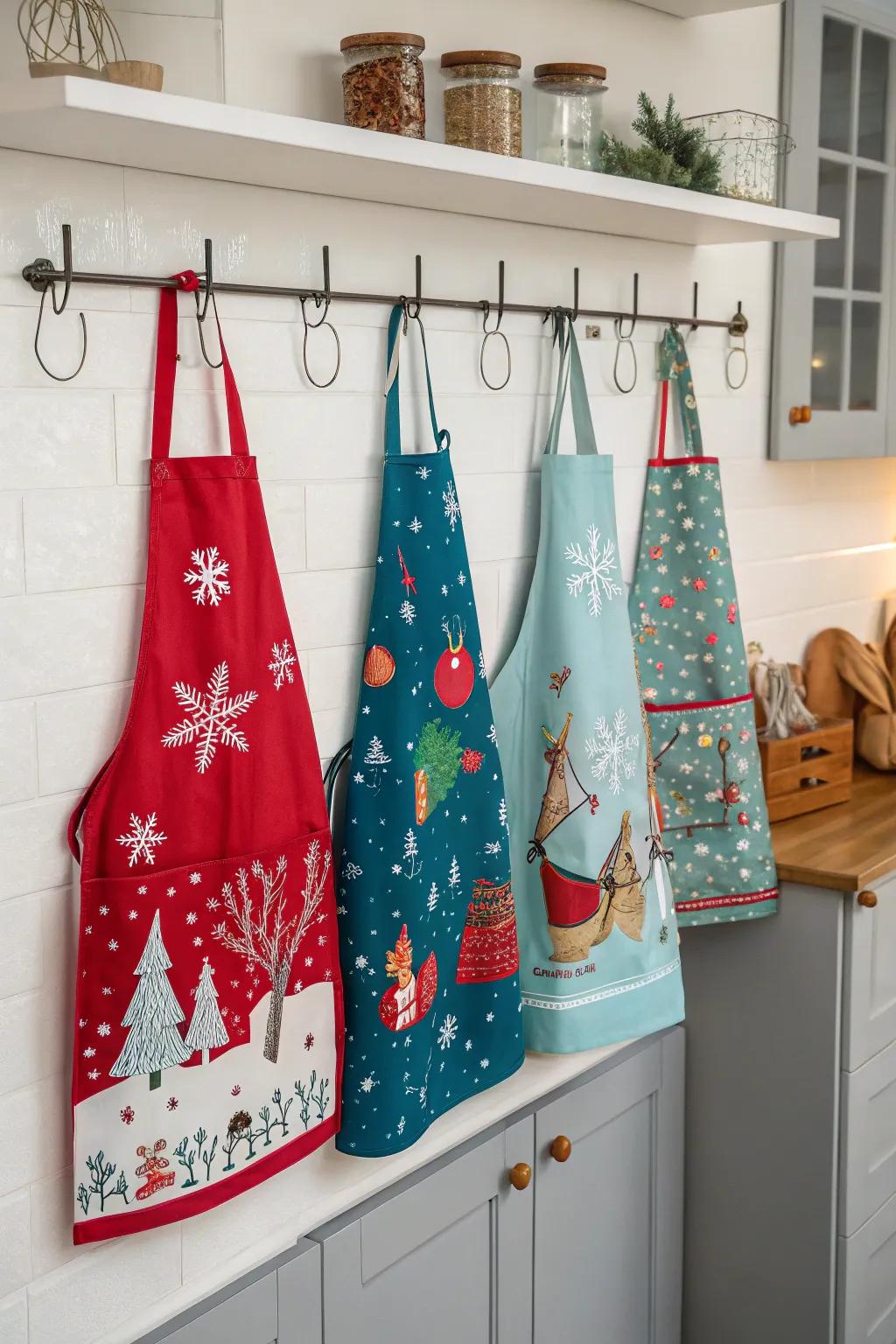 Holiday aprons contribute both practicality and celebratory flair to the cooking area.