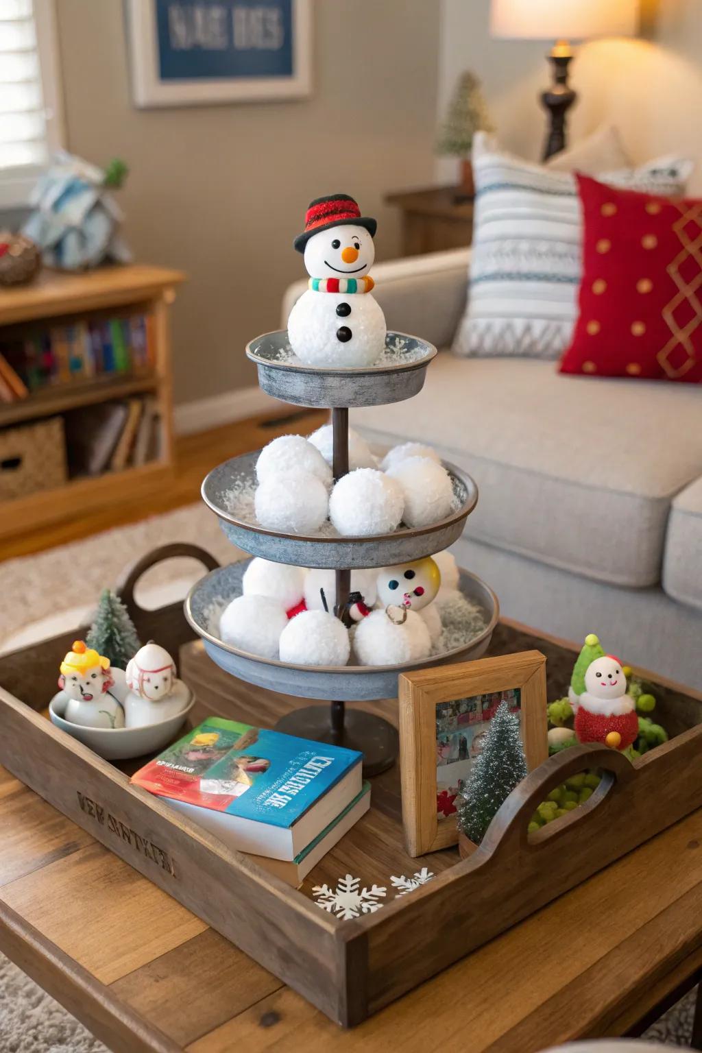 A cheerful snowman gathering on a multi-level display.