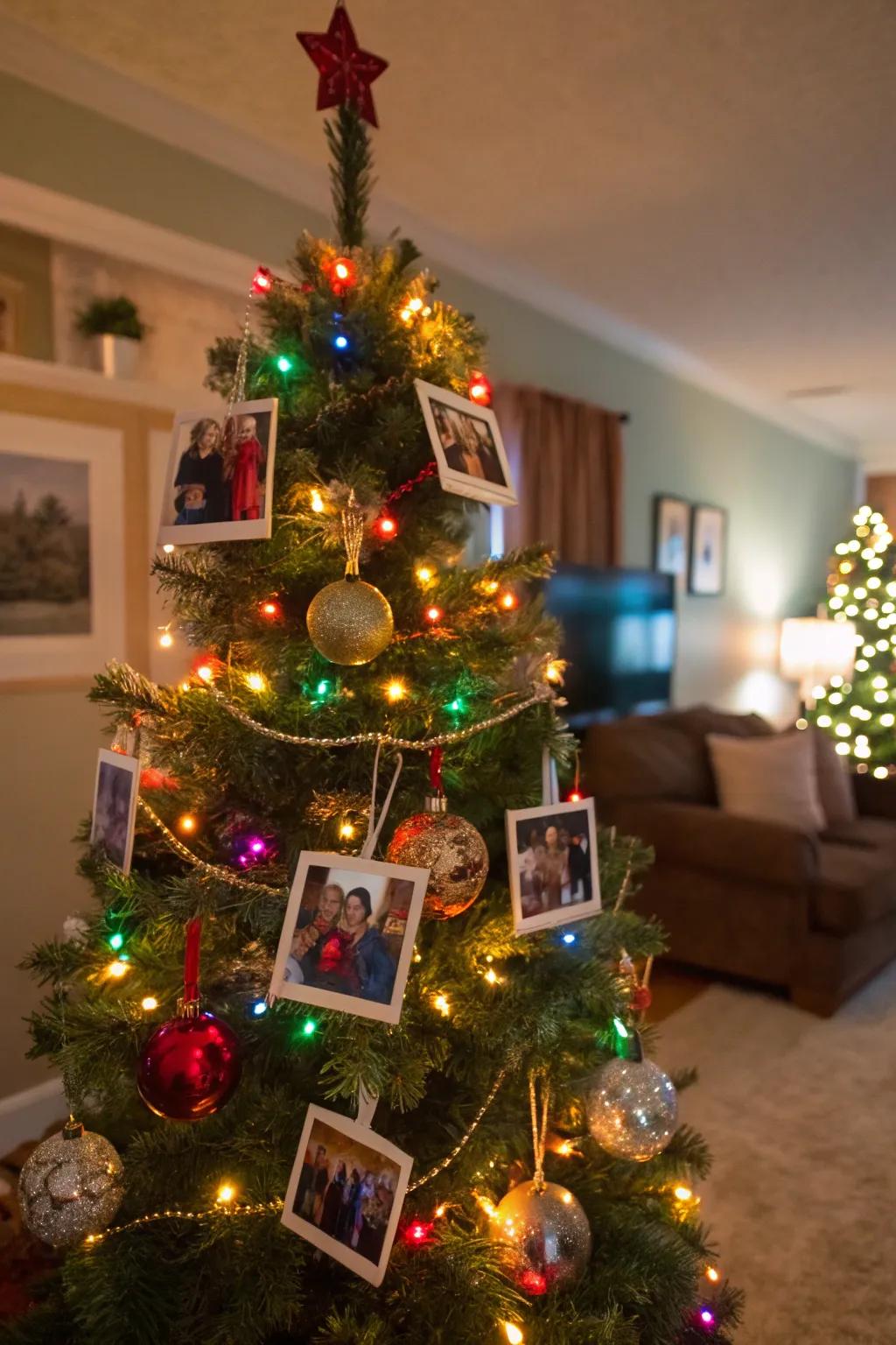 A personalized Christmas tree featuring picture memories.