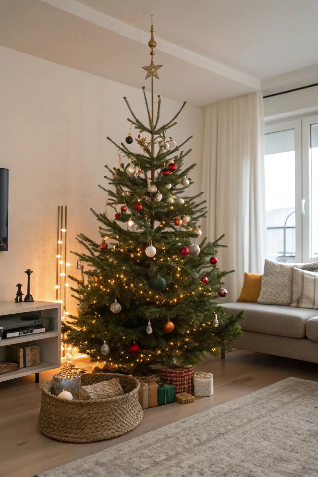 An elegant Christmas tree featuring simple décor and string lights, exemplifying the beauty of straightforwardness.