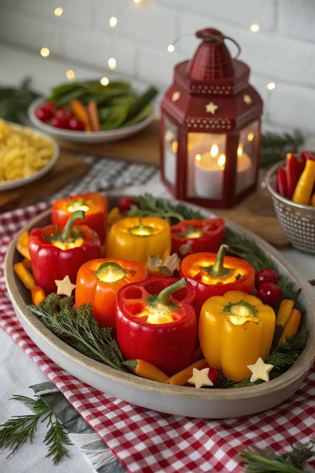 A celebratory lamp veggie arrangement that introduces a warm holiday glow.