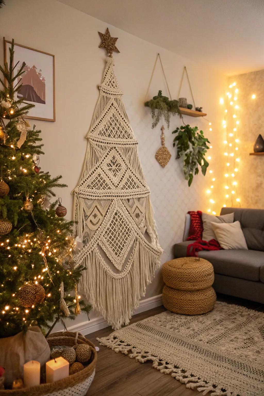 A fashionable knotted cord holiday tree imparts bohemian-chic charm.