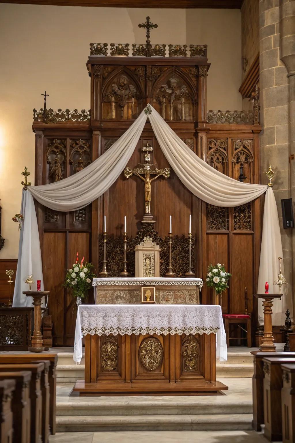 An altar showcasing layered surface qualities, which contributes dimension and intrigue.