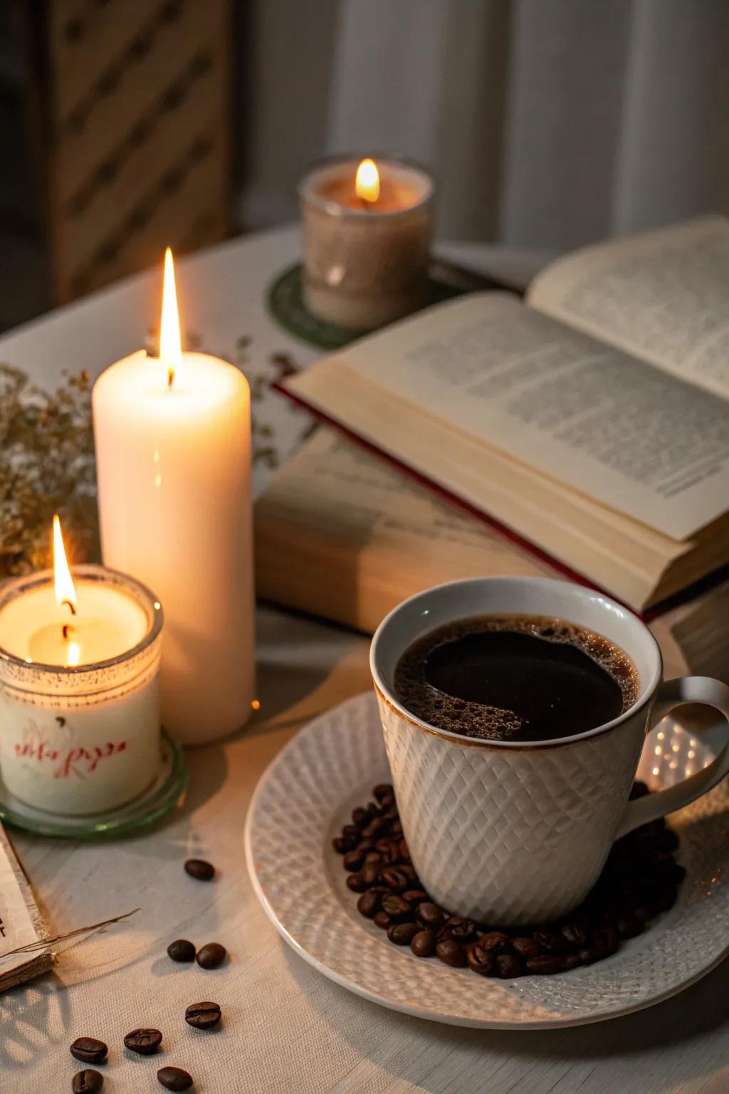 Establish a warm atmosphere using coffee-scented candles.