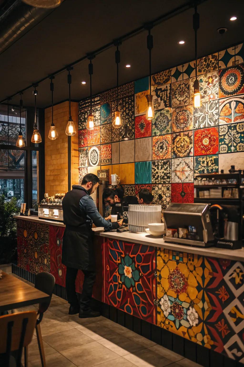 A coffee bar with a striking tile backsplash.