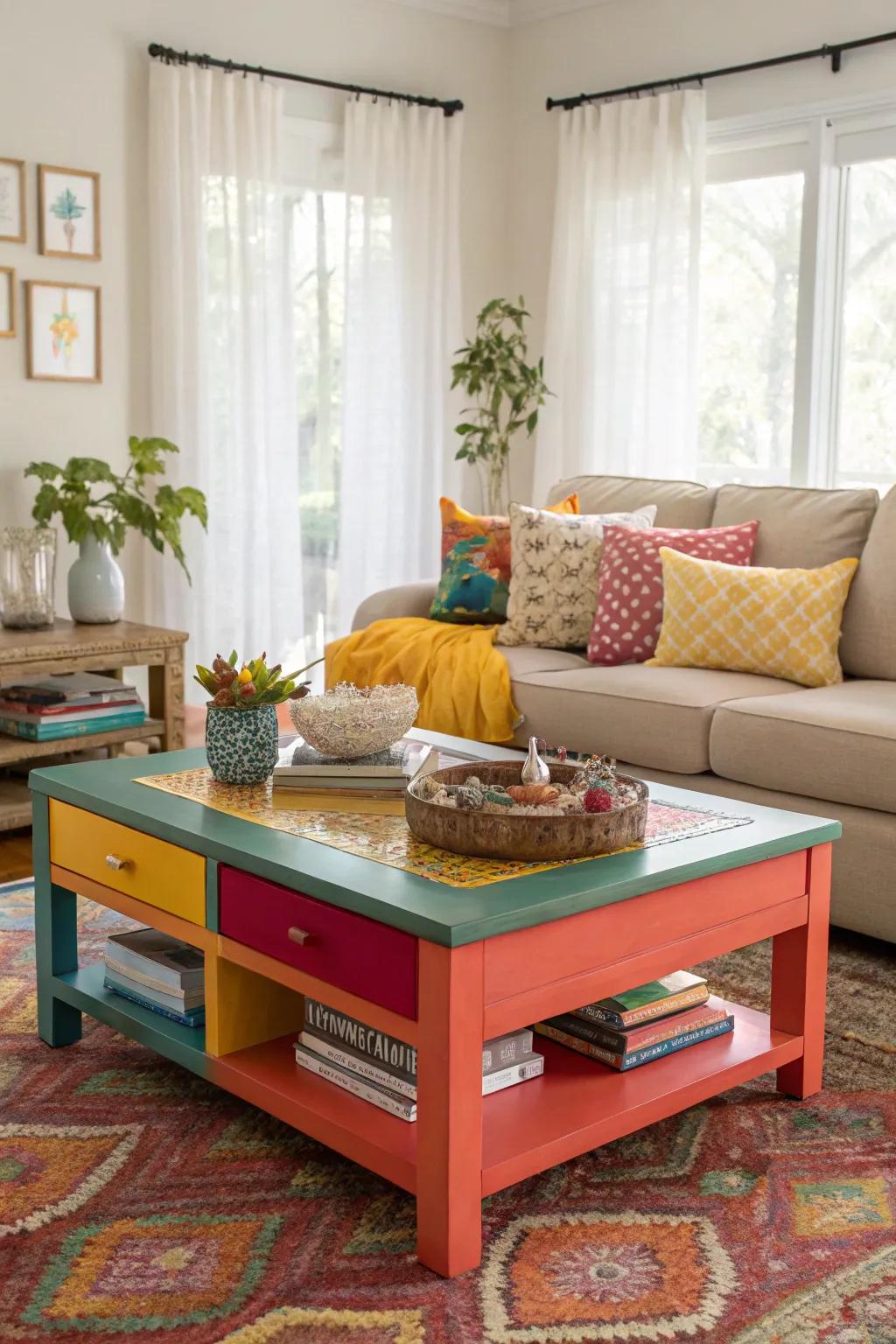 A colorful center table adds vibrancy and personality to a living room.