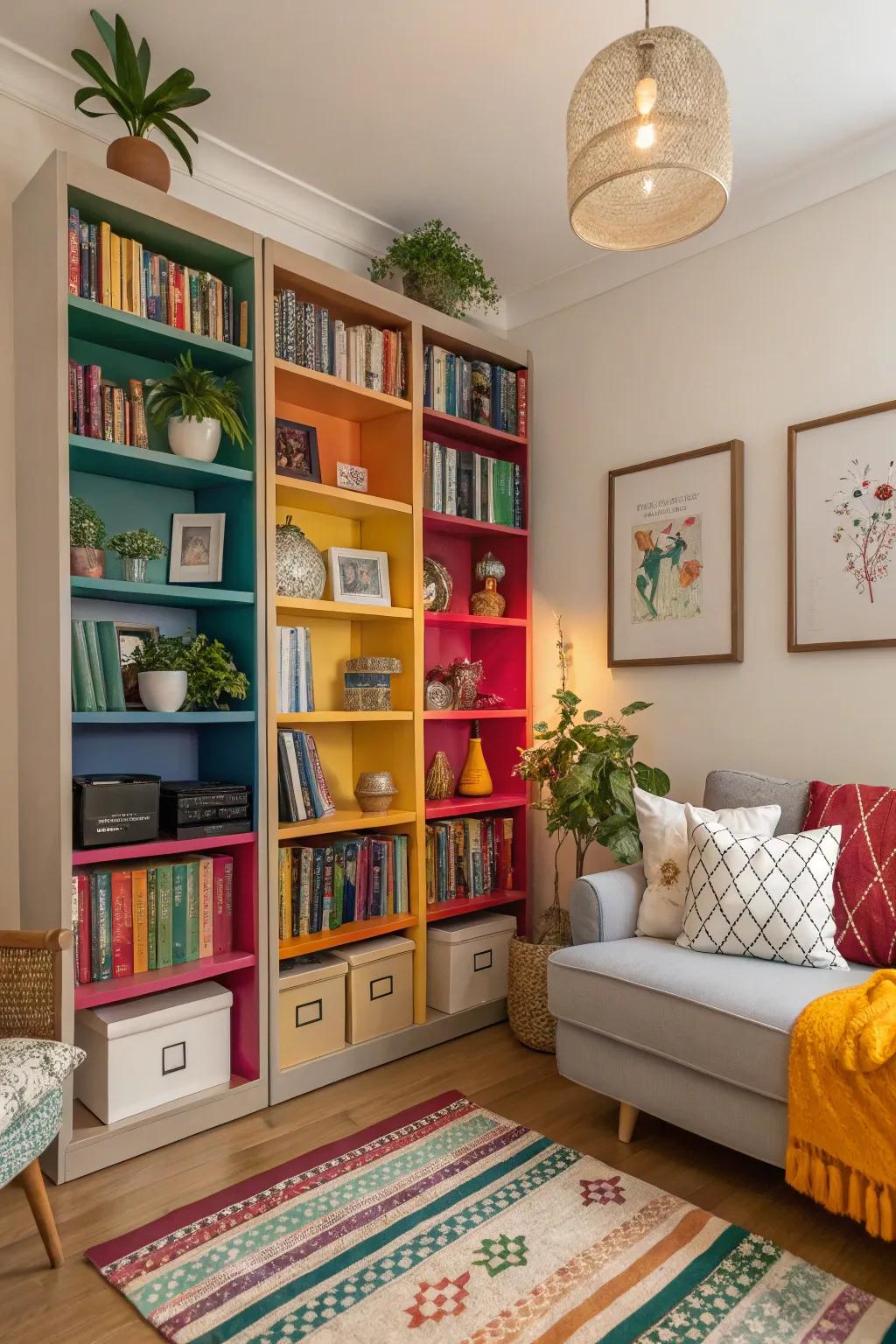 Colorful bookshelves add personality and vibrancy to this lively living area.