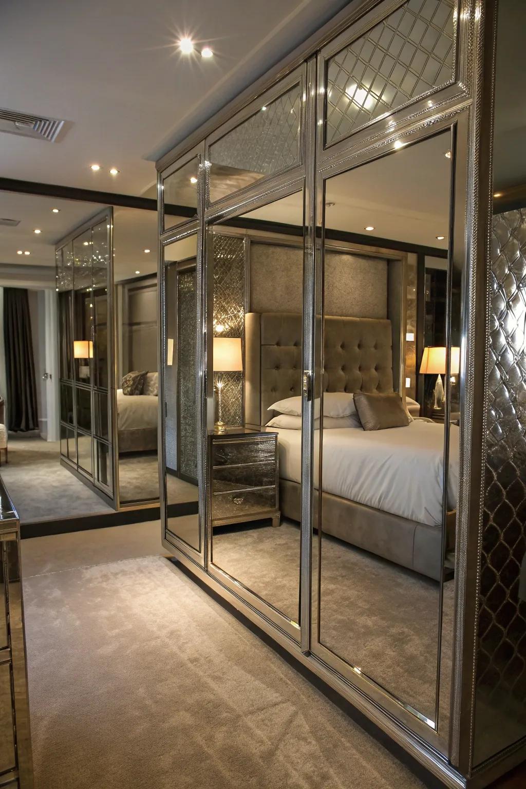 Mirror-like surfaces enhance illumination and space in this bedroom.