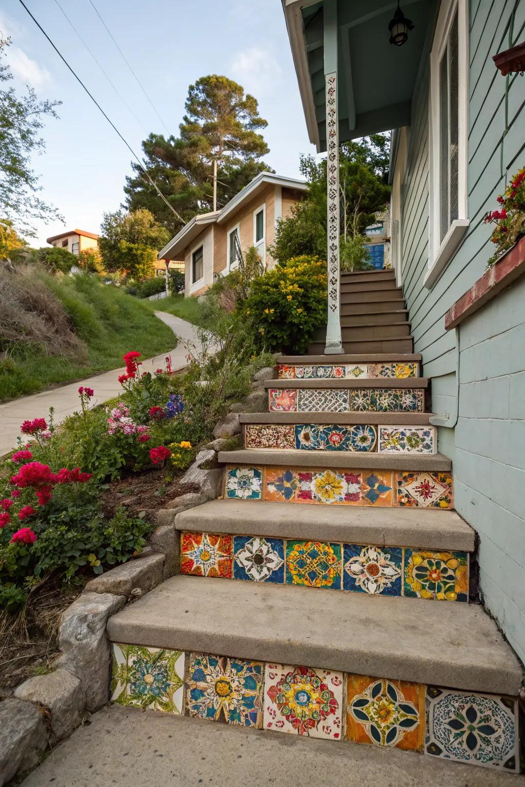 Ornamental tiles incorporating exotic charm to steps.