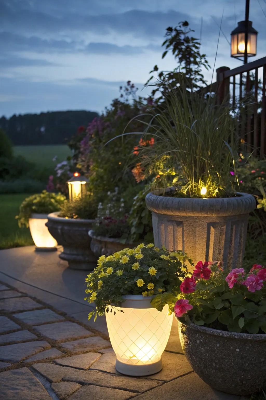 Garden containers illuminated for a nighttime ambiance.