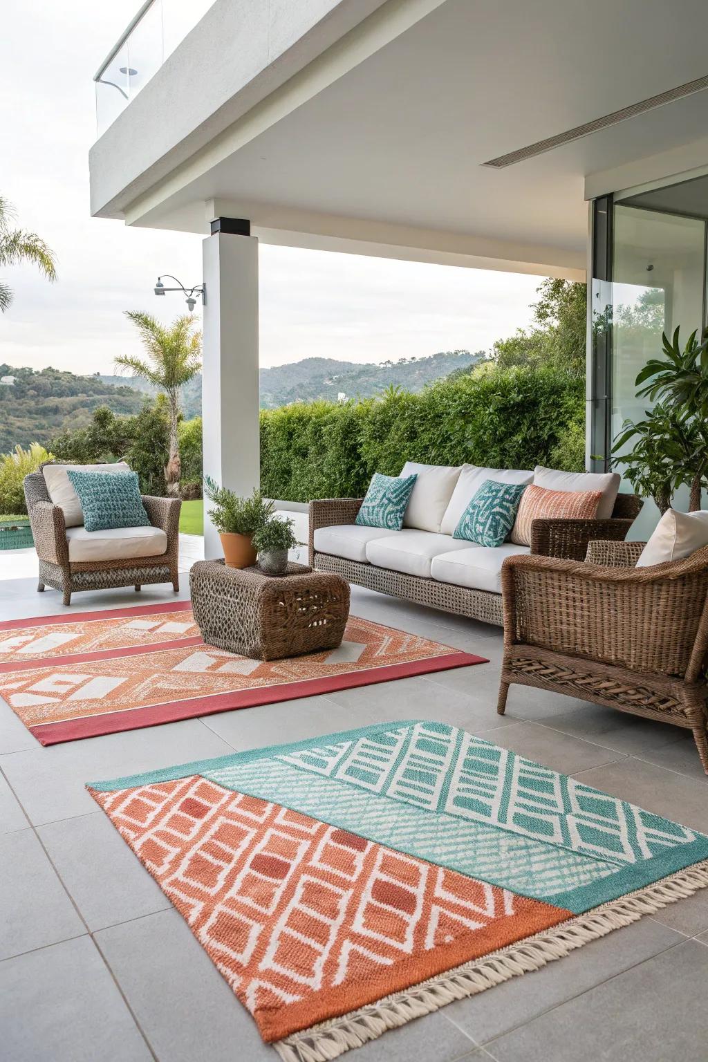 Outdoor rugs adding warmth and defining areas on a patio.