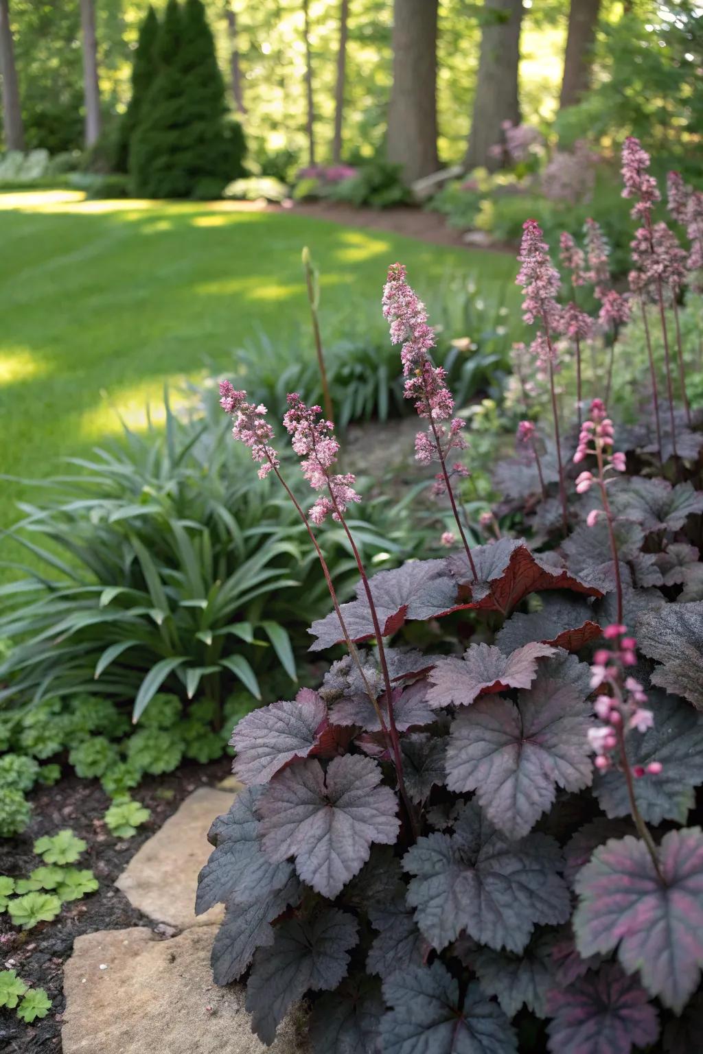 Huecheras paired with foliage-rich plants cultivate a spectacular garden tableau.
