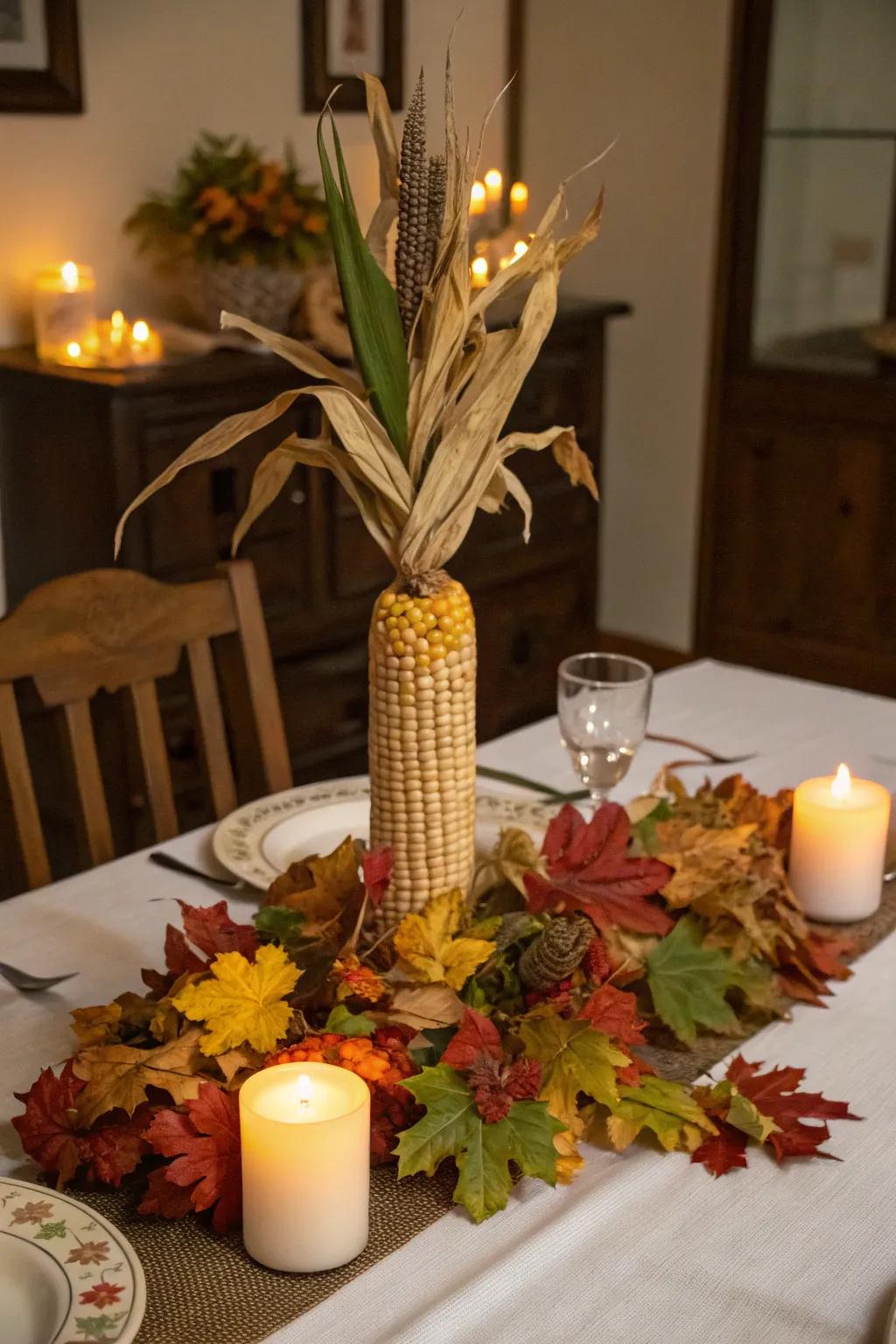 Introduce a natural element to your table using a corn stalk centerpiece.