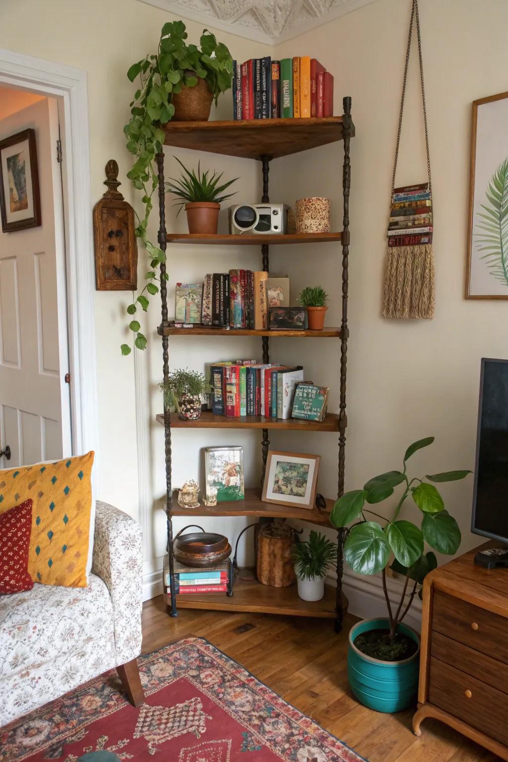Vintage-style shelves impart charm and personality.