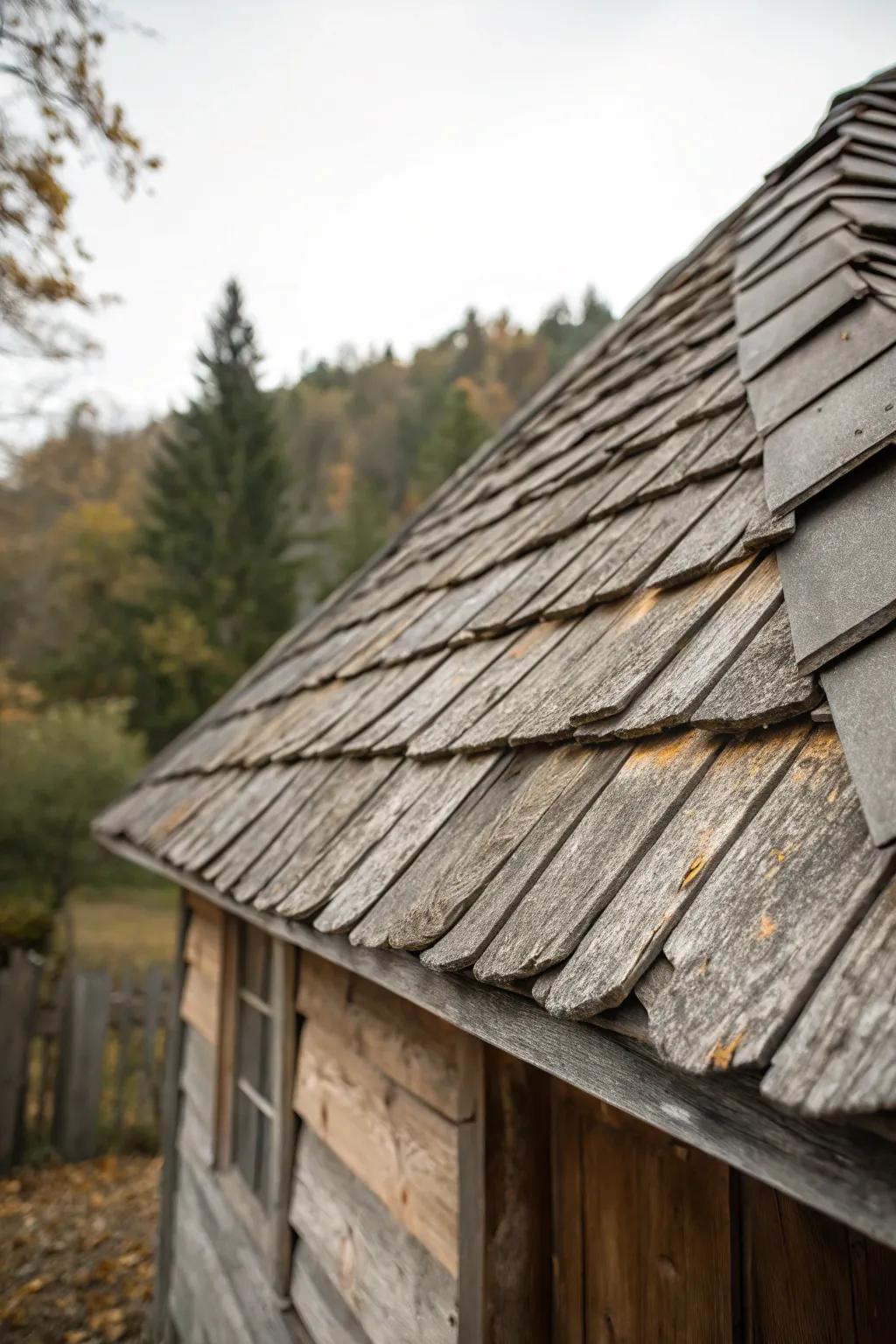 Aged timber shingles impart rustic charm to a cottage roof.