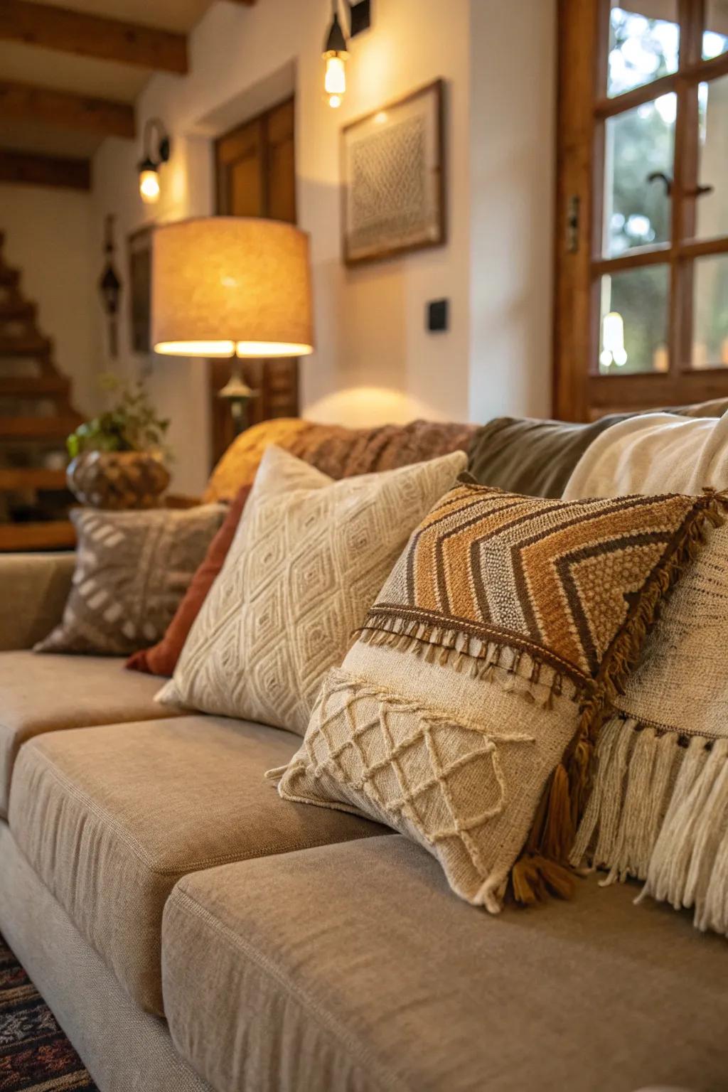 Rustic pillows deliver a warm, earthy feel to the room.