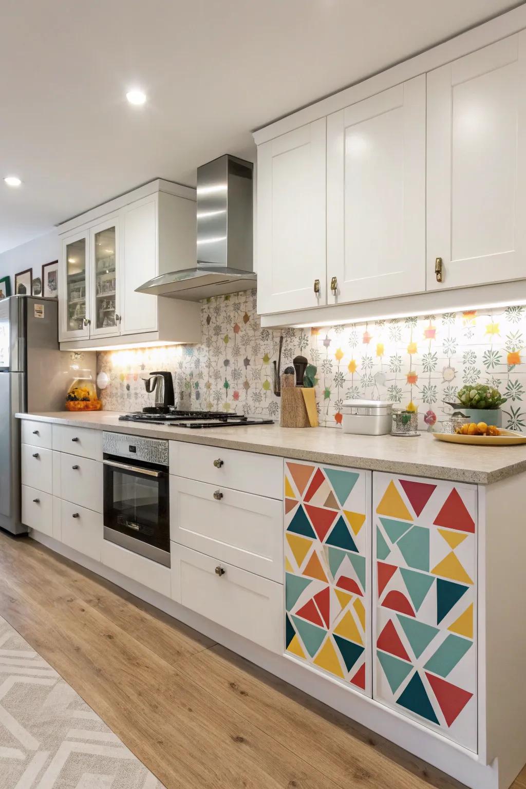 Whimsical geometric patterns featured on end treatments for a lively kitchen atmosphere.