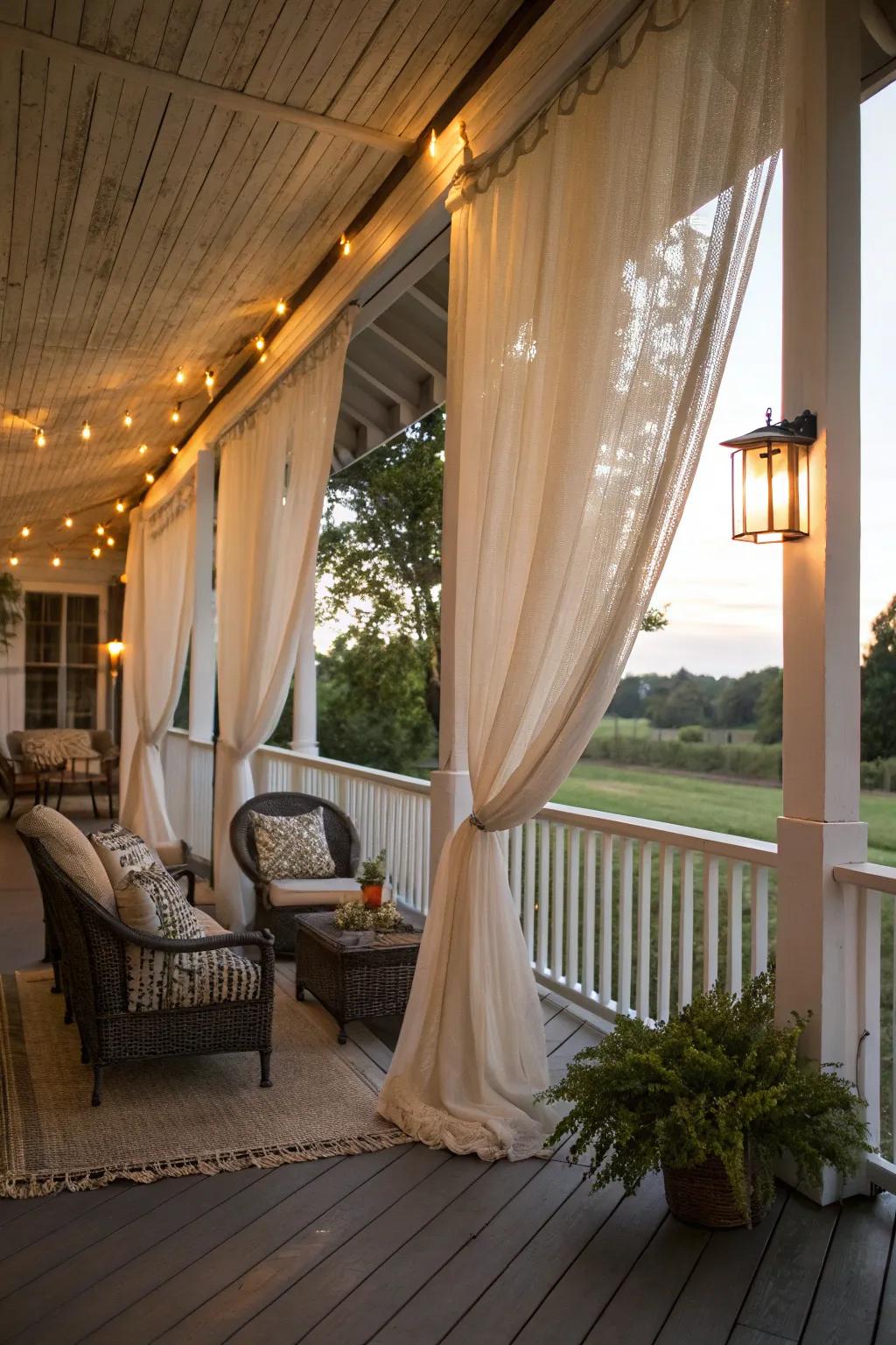 Outdoor hangings add elegance and privacy to this farmhouse porch.