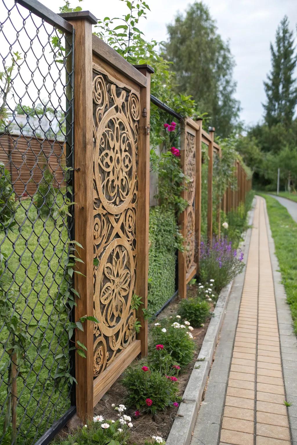 Artistic lumber patterns elevate weave guard fences into statement pieces.