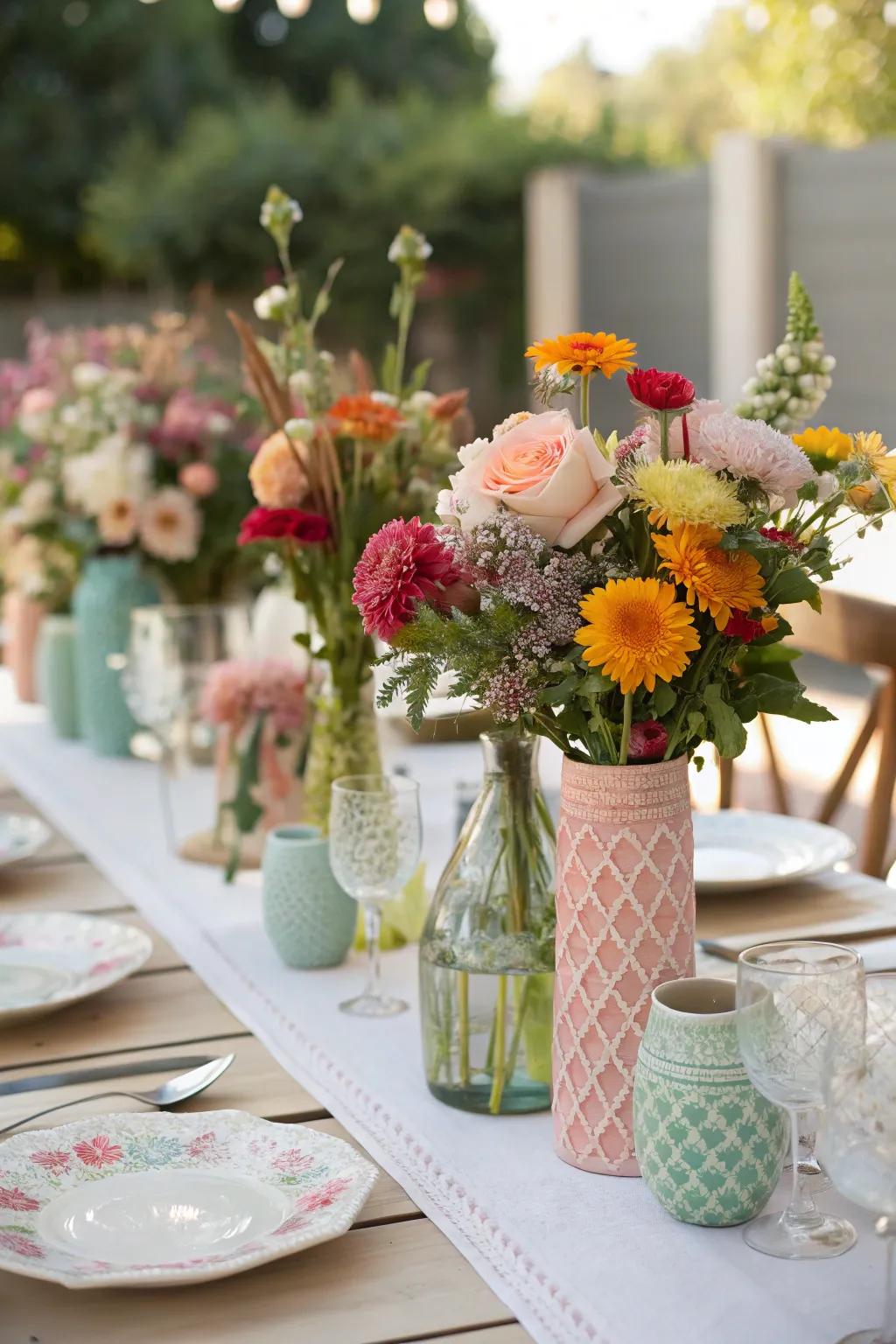 A wedding table showcasing clustered assorted vases filled with vibrant flowers.