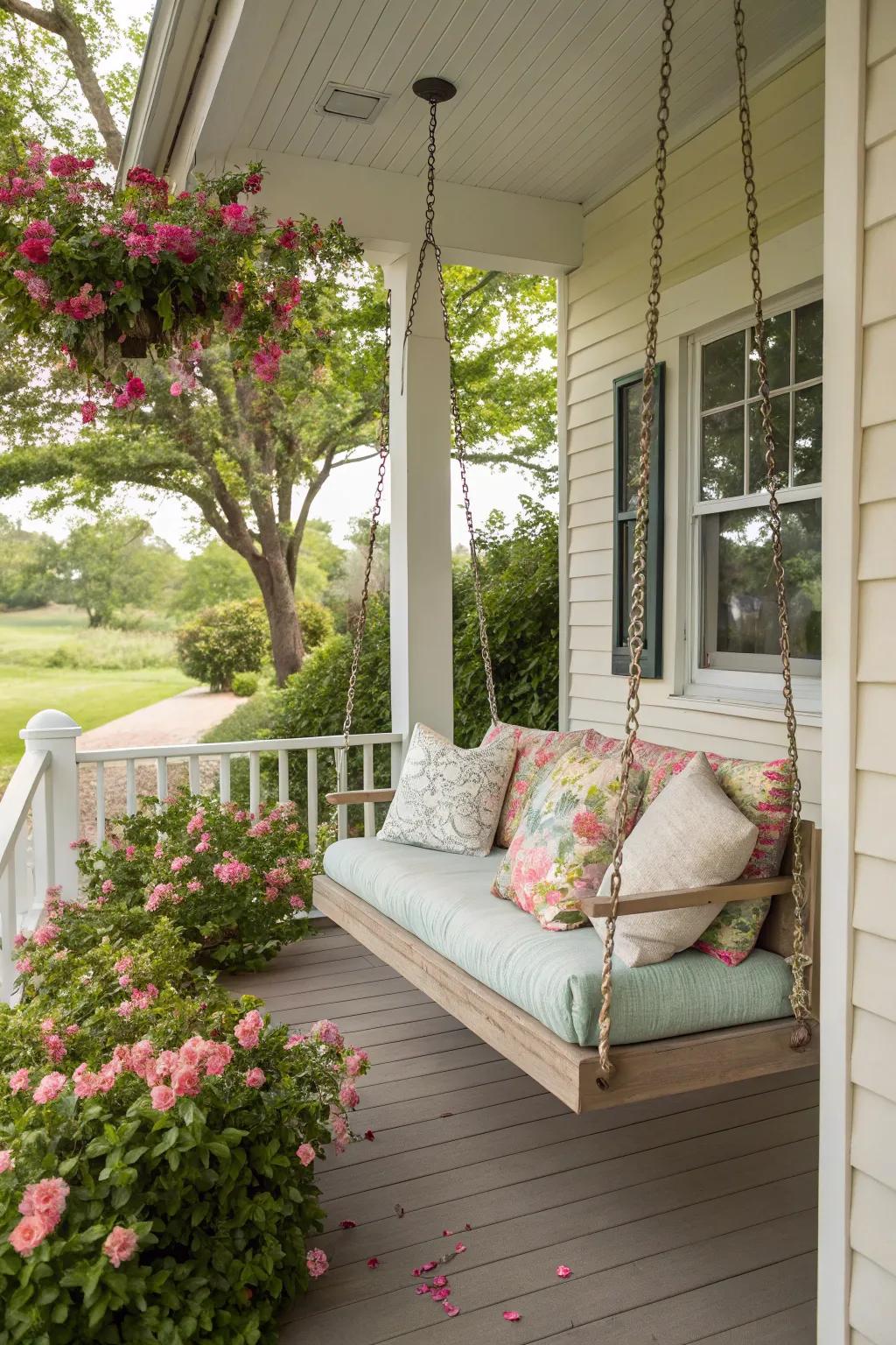 A veranda swing delivers a charming spot to unwind and relax.