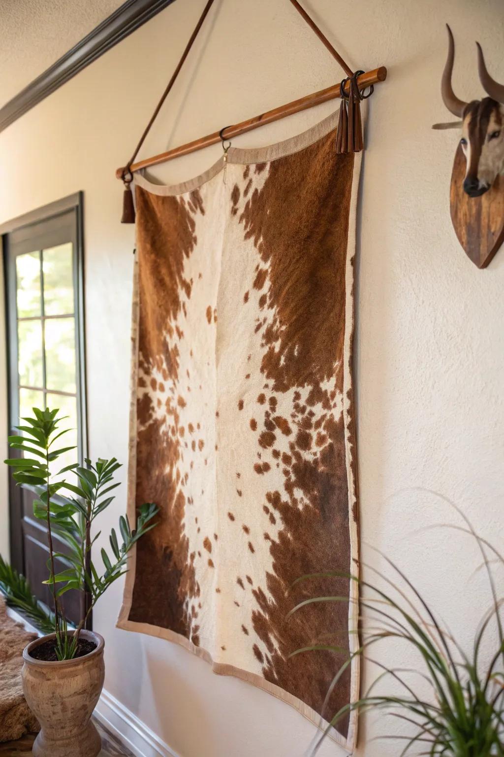A wall featuring a custom art piece made from animal hide.