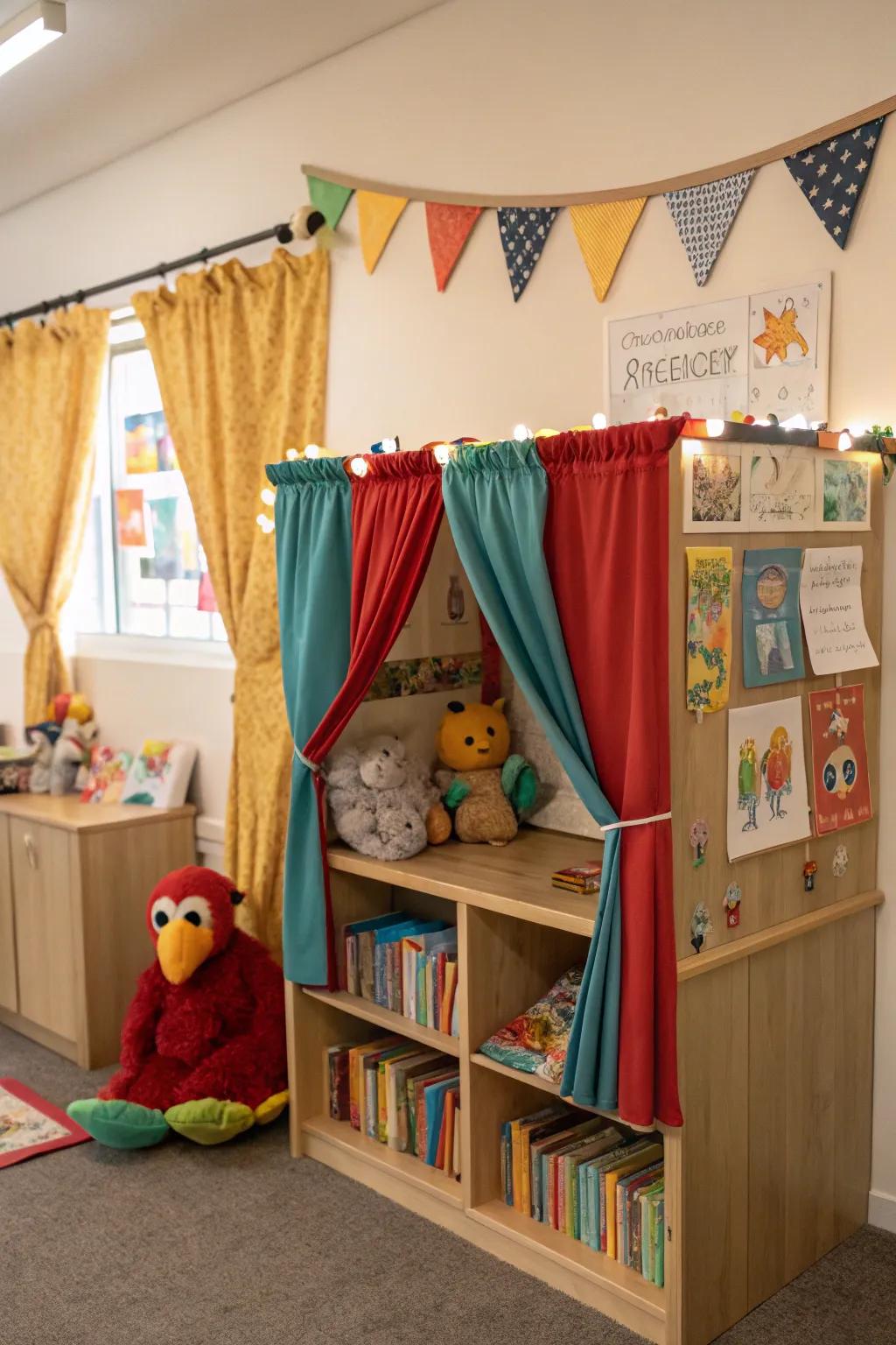 A figure stage invites storytelling and imaginative play.