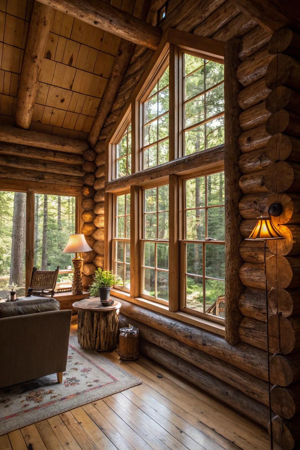 Tree branch window frames add a unique touch to the cabin's design.