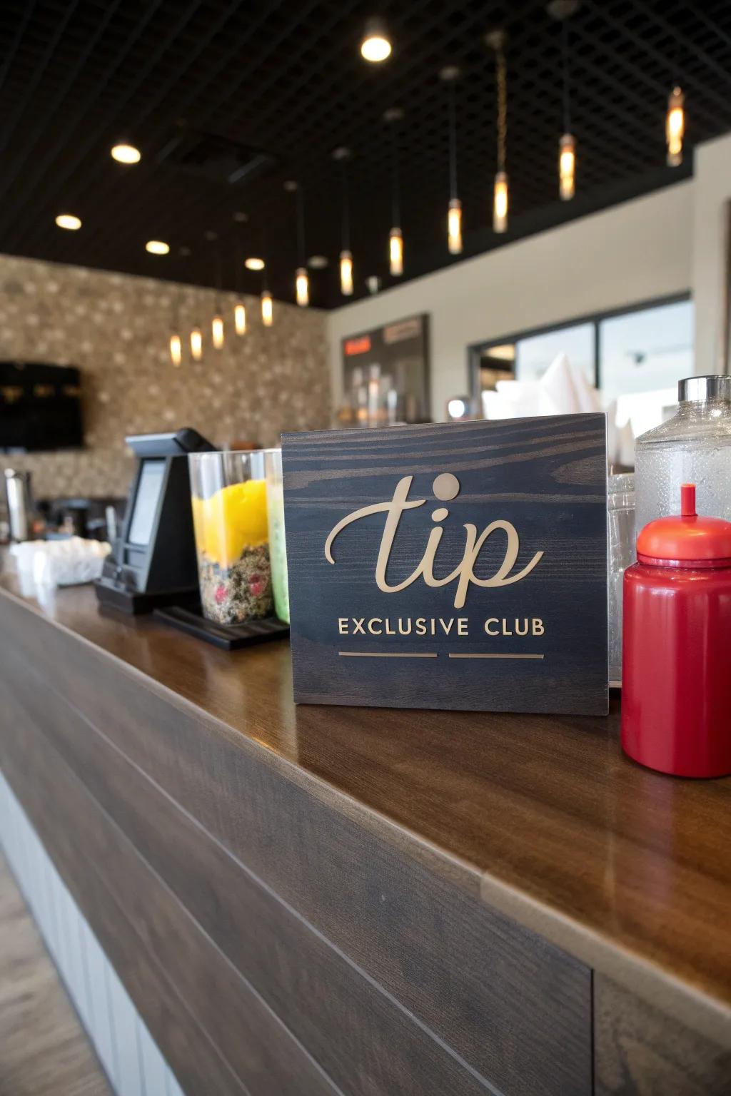 A tip container inviting patrons to join an exclusive club
