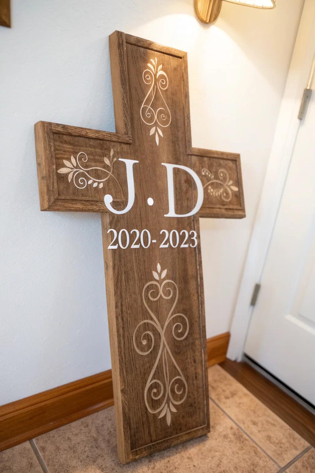 A personalized cross contributing a cordial aspect to the aesthetic.