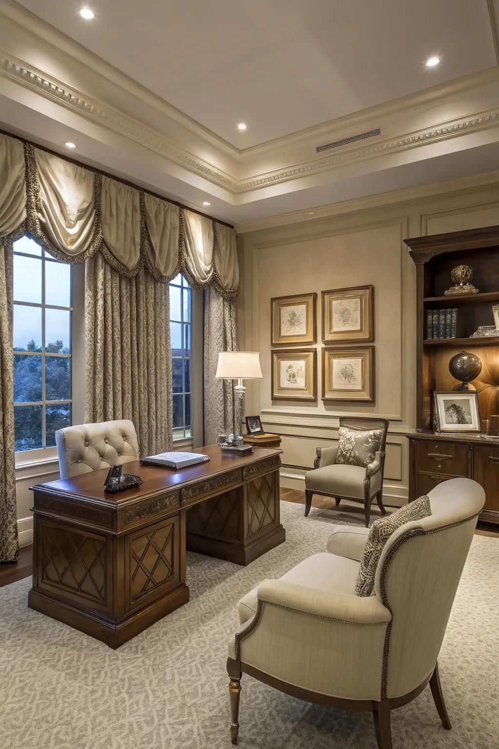 Add structure and elegance with fitted fold drapes in your study.