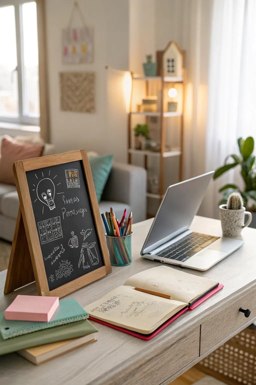 A desk with a chalkboard for jotting down ideas and reminders, enhancing creativity.