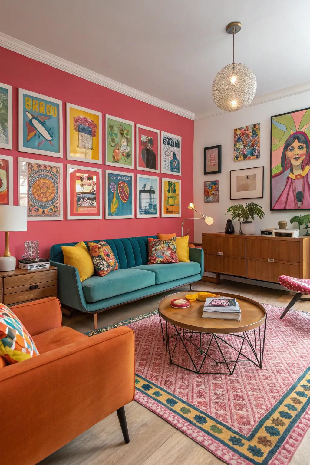 Nostalgic pop art adds vibrant energy to a family room.
