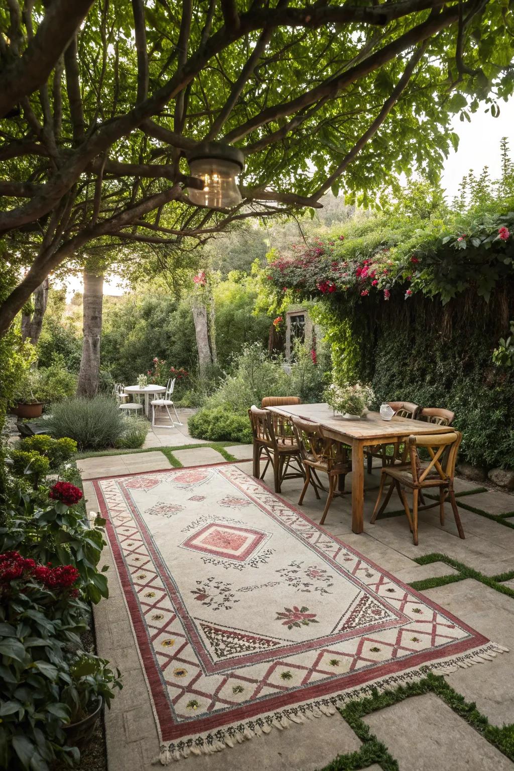 An outdoor rug defines spaces and includes a cozy touch.